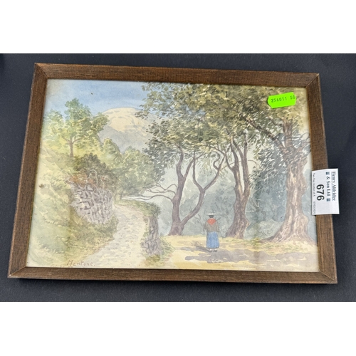 676 - Artwork: An oak framed watercolour of a lake scene by Charles John Shore, 3rd Baron Teignmouth, 16cm... 