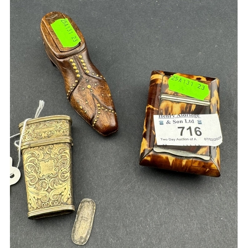 716 - Decorative Arts: A 19th century snuff shoe with brass pin decoration, 9.5cm: a curved tortoiseshell ... 