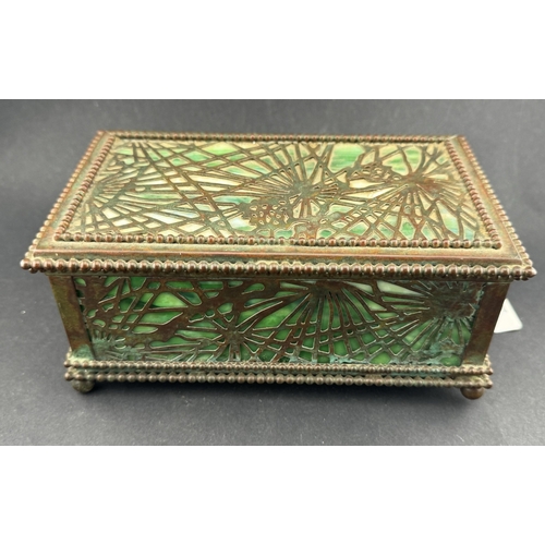 718 - Decorative Arts: A Tiffany bronze and Favrile glass 'pine needle' casket, of rectangular form and st... 