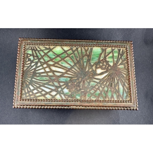 718 - Decorative Arts: A Tiffany bronze and Favrile glass 'pine needle' casket, of rectangular form and st... 