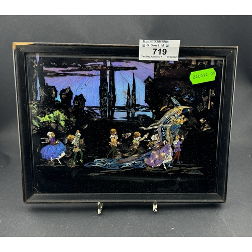 719 - Decorative Arts: A 1920s reverse painted glass and butterfly wing image, 'Fairy Tale Of The Pied Pip... 