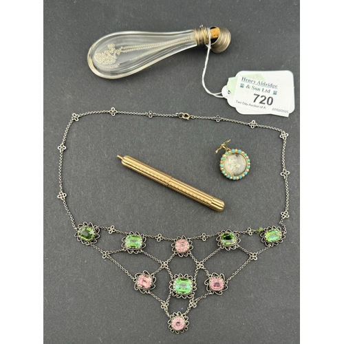 720 - Jewellery: A white metal festoon necklace with 9ct gold clasp, set with four pink tourmalines, two l... 