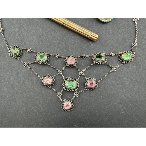 720 - Jewellery: A white metal festoon necklace with 9ct gold clasp, set with four pink tourmalines, two l... 