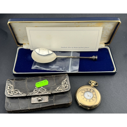 722 - Watches: A gold plated 'Everite' half hunter pocket watch, a late Victorian silver mounted crocodile... 