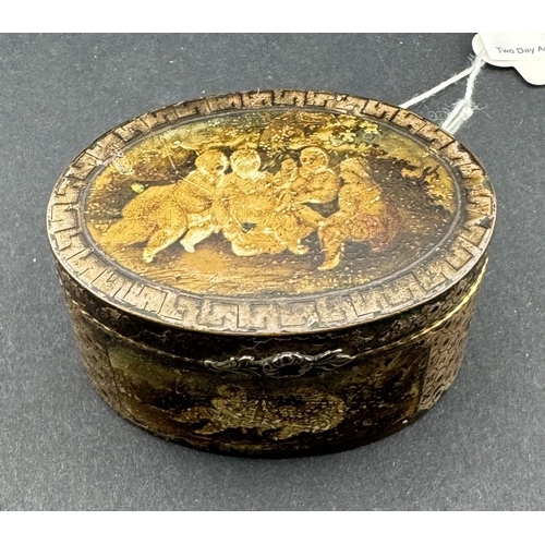 723 - Decorative Arts: An 18th century European gilt copper box, painted with cherubs to the lid and under... 