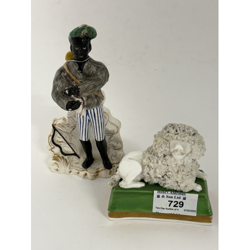 729 - Ceramics: A Staffordshire porcelain figure of a poodle, c.1820, recumbent on a green base, and a Sta... 