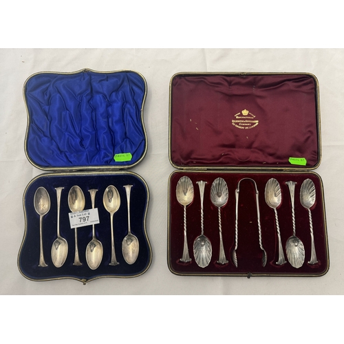 797 - Silver: A cased set of Onslow pattern teaspoons and matching tongs, with twisted stems, London 1886,... 