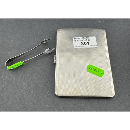 801 - Silver: A cigarette case, Birmingham 1938, together with a small pair of bird claw sugar tongs, comb... 