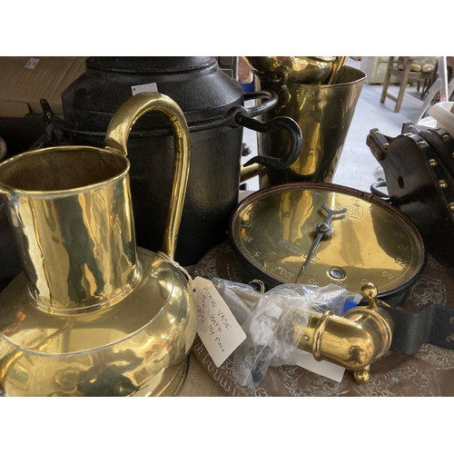 81 - Metalware: A group of copper cooking pans, including a Victorian jam pan with brass handles 40cm acr... 