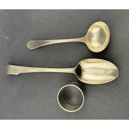 836 - Silver: A tablespoon with bright cut decoration, London 1782, a sauce ladle by Walker & Hall, Sh... 