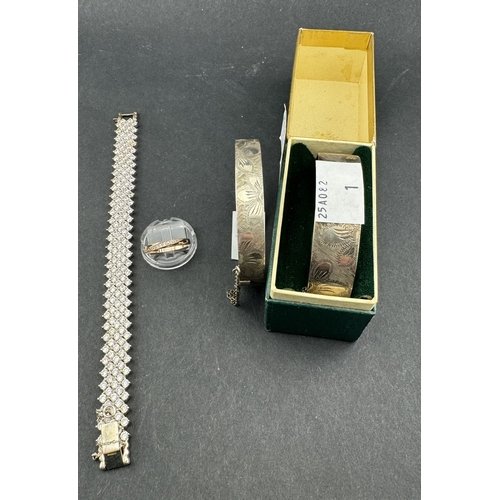 838 - Silver: Hinged silver bangle in a box, another silver bracelet with crystals in lattice, silver gilt... 