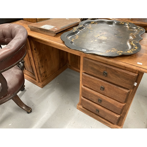 99 - Furniture: 20th century Indonesian teak twin pedestal desk 4 drawer, bank right single drawer, cupbo... 