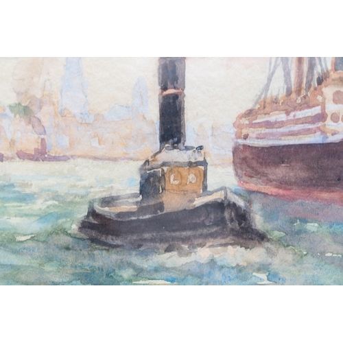 18 - Artwork: early 20th century muted watercolour of a Red Star Line two funnel ship in harbour by a tug... 