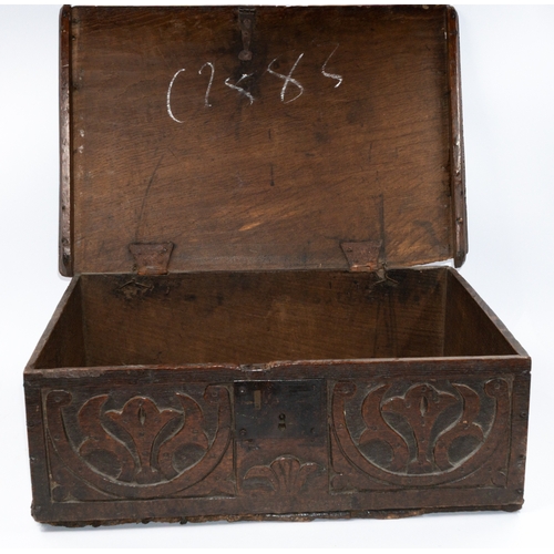 3 - Furniture: an 18th century oak bible box, with trilobed leaf motifs to each side within S scrolls fo... 