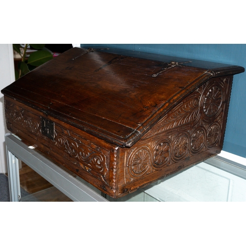 4 - Furniture: Furniture: 18th century oak bible box, sloping front, hand forged straps with carved reli... 