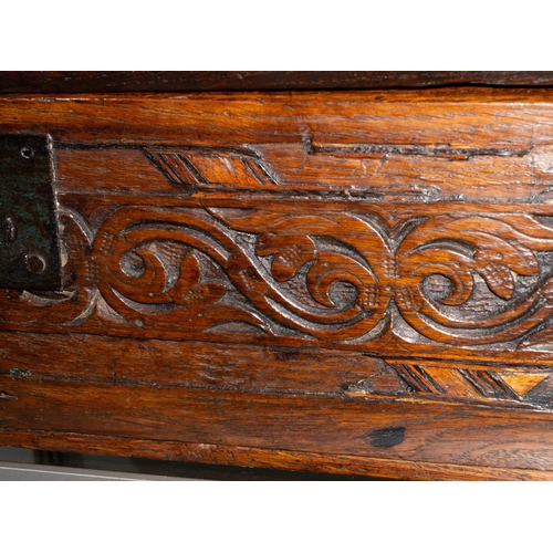 4 - Furniture: Furniture: 18th century oak bible box, sloping front, hand forged straps with carved reli... 