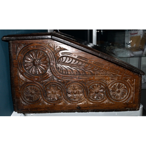 4 - Furniture: Furniture: 18th century oak bible box, sloping front, hand forged straps with carved reli... 