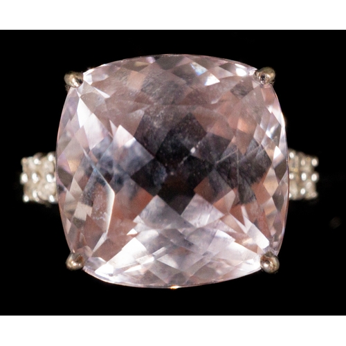 447 - Jewellery: Jewellery: 9ct white gold ring set with a 12.5mm square-cut kunzite with four diamonds on... 
