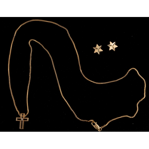 464 - Jewellery: Jewellery: 9ct gold 56cm curb link chain with a 15mm x 11.5mm cross attached, plus a pair... 