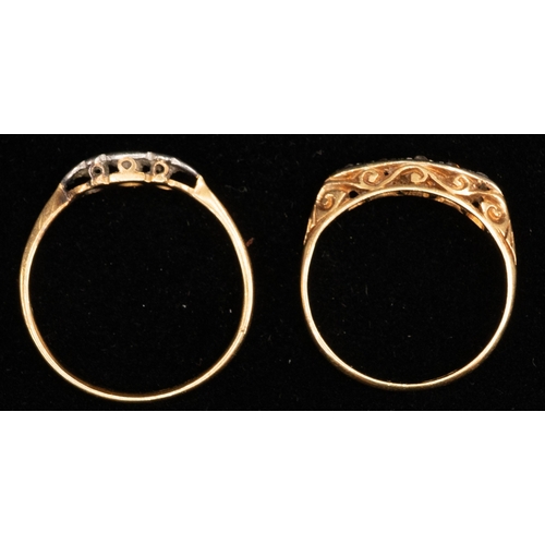 477 - Jewellery: Jewellery: Two 18ct gold rings, one boat-shaped and set with three eight-cut diamonds, ri... 
