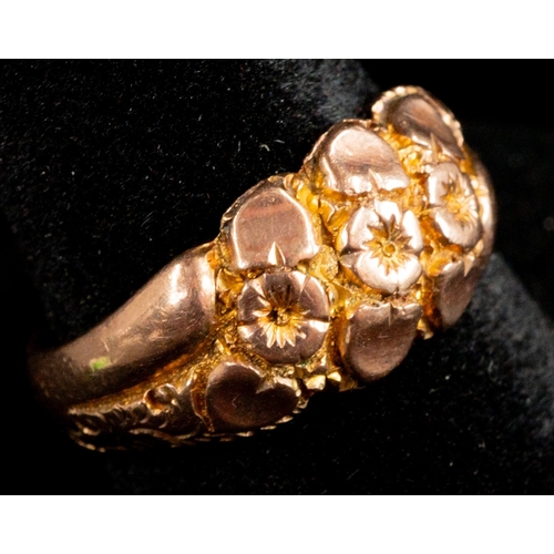 479 - Jewellery: Jewellery: 9ct gold ring with a floral head, 8.7mm wide tapering to 3.5mm, ring size O½, ... 