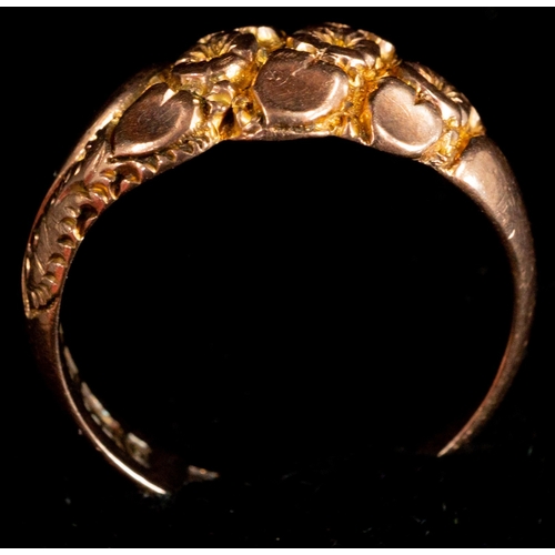 479 - Jewellery: Jewellery: 9ct gold ring with a floral head, 8.7mm wide tapering to 3.5mm, ring size O½, ... 