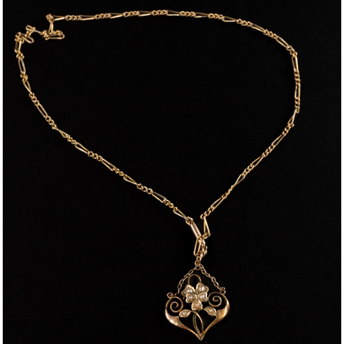 480 - Jewellery: Jewellery: 9ct gold fancy curb link chain, 38cm long, with an open triangular scroll drop... 