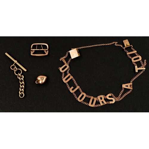 537 - Jewellery: a 9ct gold T bar on short chain, a rose gold puffy heart charm, a broken 'Toujours A Toi'... 