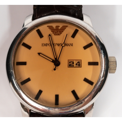 Watches: an Emporio Armani wristwatch with light brown dial, the rear ...