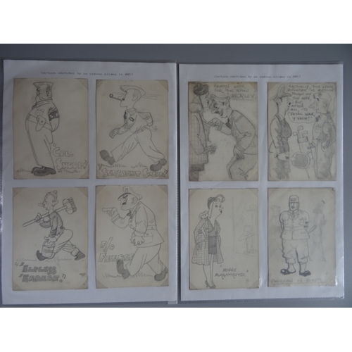 54 - A small group of eight cartoon sketches by an unknown WWII Airman including depictions of Soldiers a... 