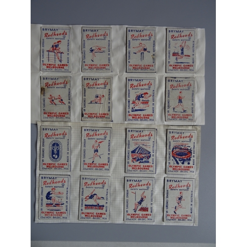 81 - 1956 Olympic illustrated Match box labels Australian Brymay depicting different sports in good condi... 