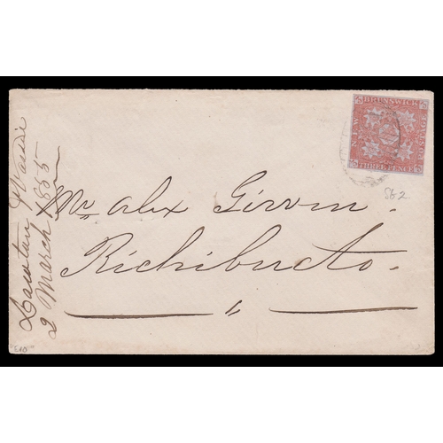 103 - New Brunswick - 1855 small envelope addressed to Richibucto franked with 3d dull red imperf four mar... 