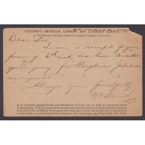 155 - A postal stationery card (1d) with 16th March Charring Cross postmark addressed to USA damaged corne... 