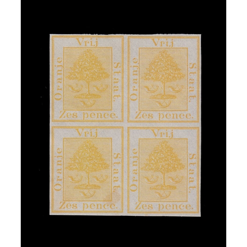 244 - Orange Free State - 1868 6d pale orange-yellow imperf colour trial block of 4 on ungummed paper, goo... 