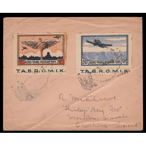 184 - Poland 1921 Poznan Trade Fair Flight, cover to UK with 25m and 100m official vignettes affixed and c... 