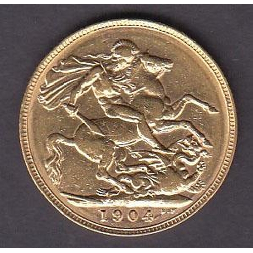 12 - UK 1904 gold full Sovereign, Perth mint mark, in good condition