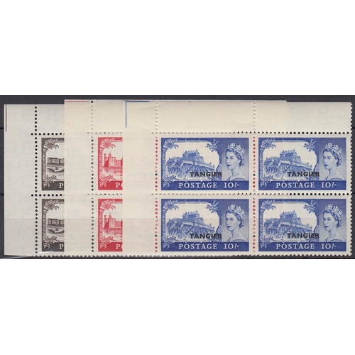 849 - Tangier – 1955 SG310-312 Castles to 10/-, in mint corner marginal blocks of four