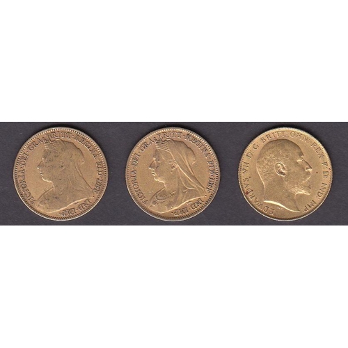 114 - A group of three UK  half gold Sovereigns, for 1899x2 & 1904, condition generally good