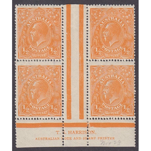 336 - 1918-23 SG56 ½d (BW 66 (7)z), Harrison imprint fine mint block of four, Cat $275