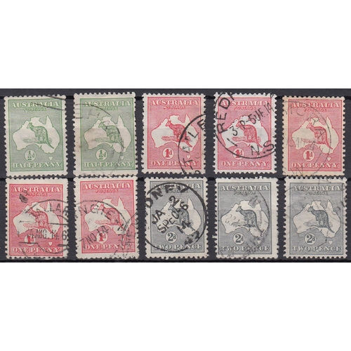 337 - A group of ten used Roo’s, each showing varieties listed by Busden White, includes ½d B.W. 1 (2) e a... 