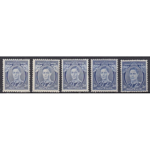 338 - 1937 3d, five different fine mint examples, to include SG168/168a/168c/168ca and SG186, Cat £400+