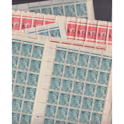 422 - A group of 11 WWII Liberation R.F. overprinted stamps in complete sheets from 40c to 1fr20, duplicat... 
