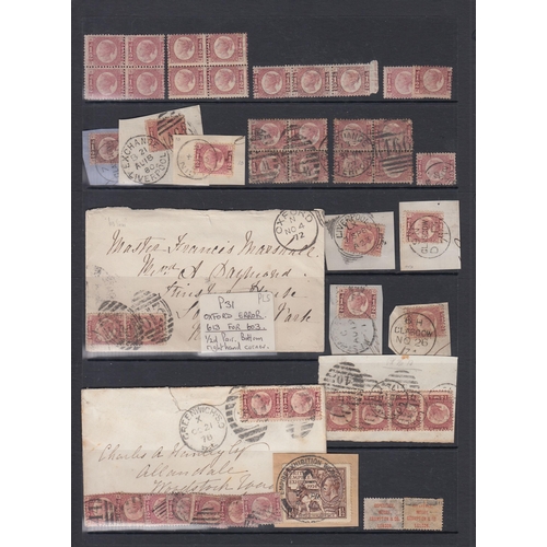 585 - 1870 ½d rose-red range on Hagner, incl 2 mint and 2 used blks of 4, mint strip of 3, used strip of 4... 