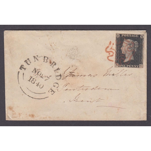 553 - 1840 cover from Tunbridge Wells to Tenterden affixed by 1d black, cancelled by red Maltese cross can... 