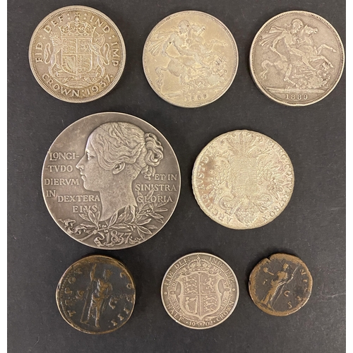 20 - A small accumulation of World coins mainly Twentieth Century Crowns, noted UK 1889 x2 silver Crowns,... 