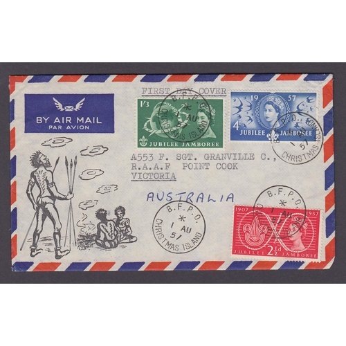 876 - 1957 illustrated Jubilee Jamboree illustrated FDC, on Air Mail cover, cancelled by B.F.P.O. Christma... 