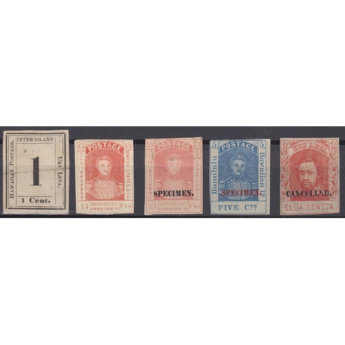 1147 - Hawaii - 1861 5c and 13c reprints ovpt Specimen, 2c dull red ovpt Cancelled and 'Inter Island' 1c SG... 