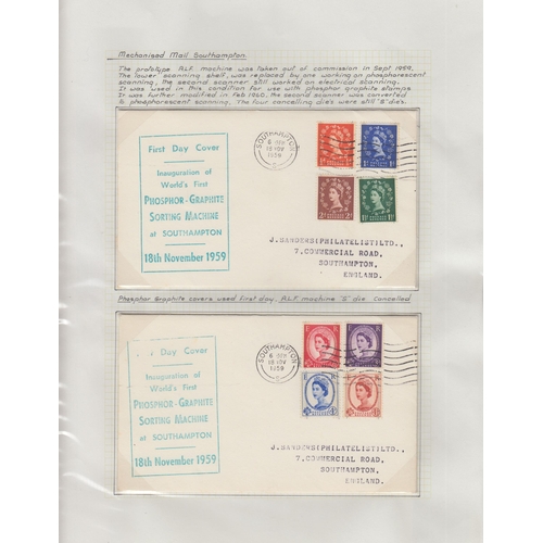 232 - A study on UK Mechanised Mail from the 1930s to 2010s written up on album pages, with stamp sets, co... 