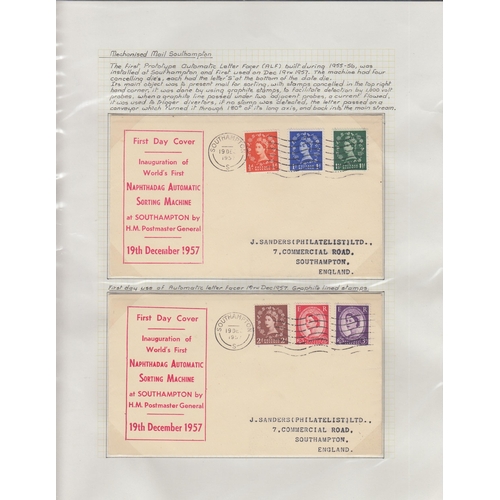 232 - A study on UK Mechanised Mail from the 1930s to 2010s written up on album pages, with stamp sets, co... 