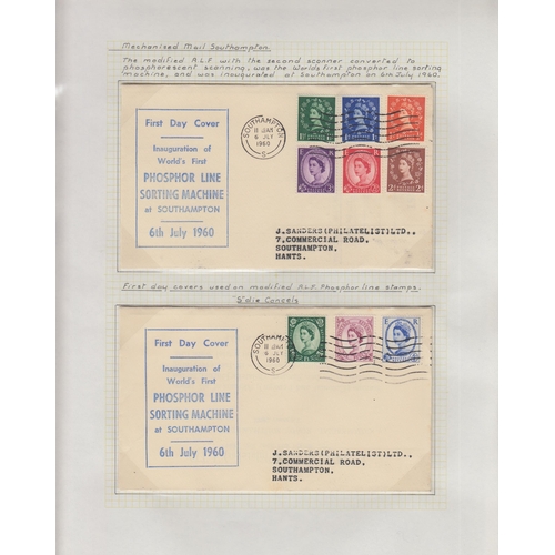 232 - A study on UK Mechanised Mail from the 1930s to 2010s written up on album pages, with stamp sets, co... 